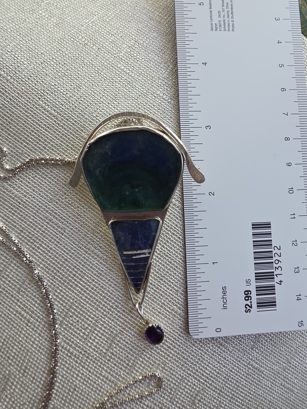 Vintage Jackie Cohen Signed 925 Ancient Roman Glass & Amethyst Pendant Brooch - Picture 10 of 10